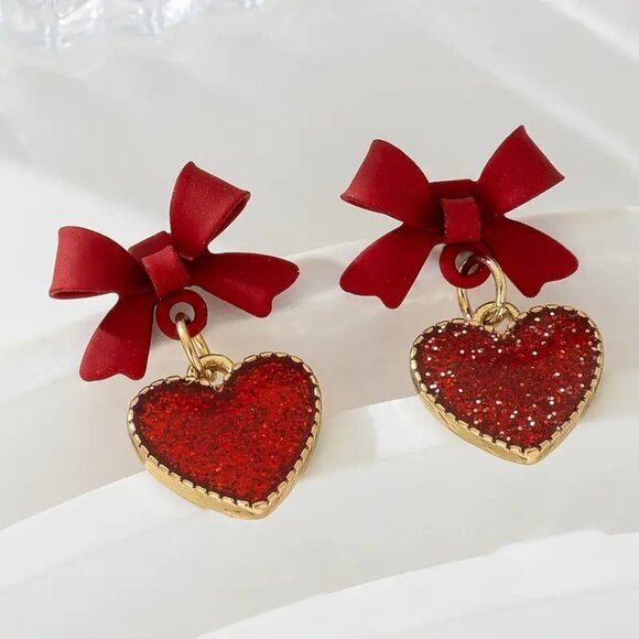 Red Bow & Glitter Heart Dangle Earrings - Picture 2 of 3